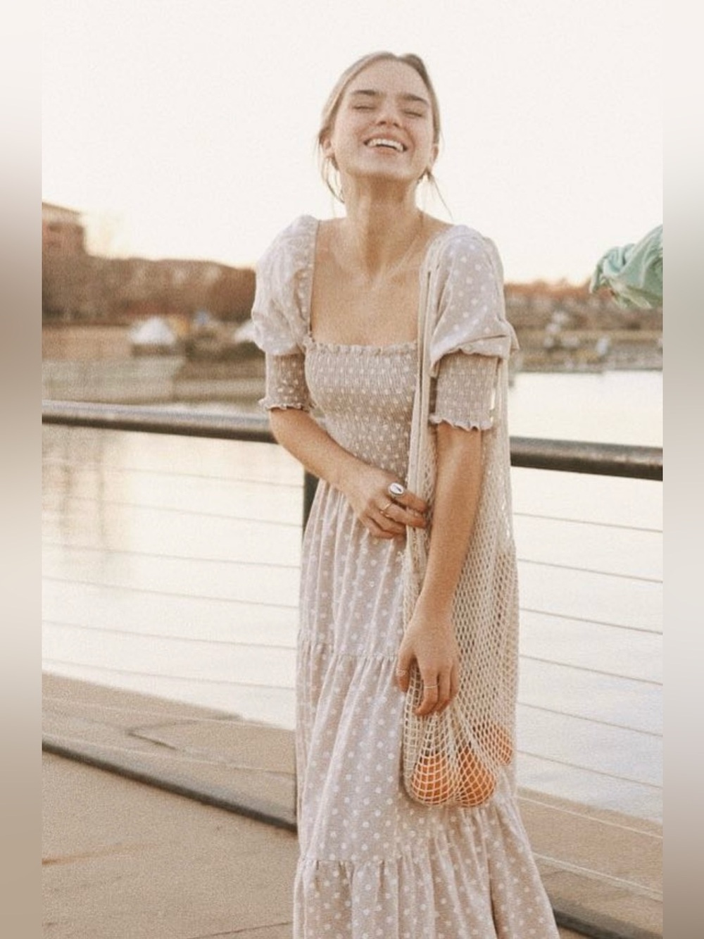 Polka Dot Maxi Dress Small Cottagecore Puff Sleeve Square Neck Tiered Coastal